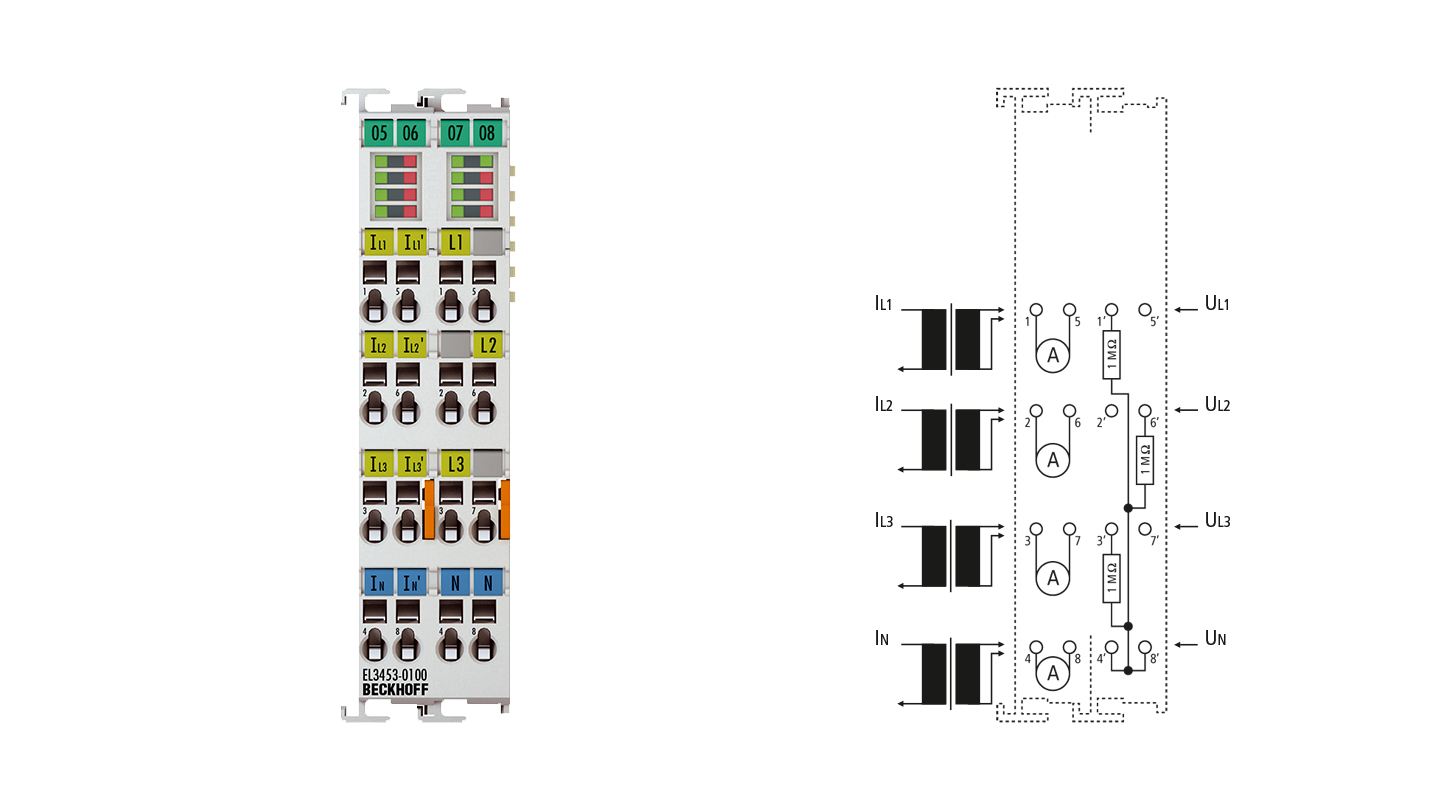 EL3453-0100 | EtherCAT Terminal, 3-channel analog input, power measurement, 130 V AC, 0.1/1/5 A, 24 bit, electrically isolated