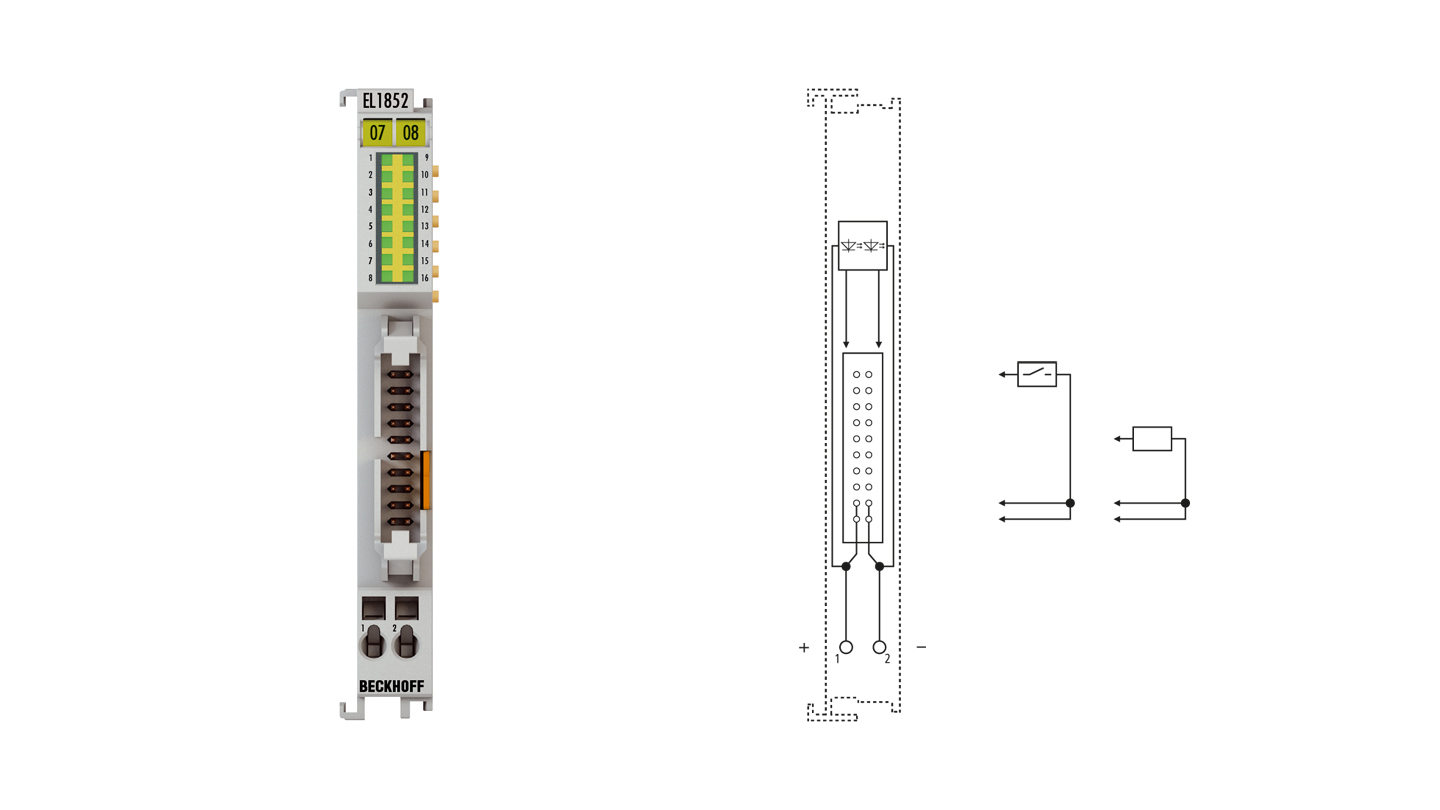 EL1852 | EtherCAT Terminal, 8-channel digital input + 8-channel digital output, 24 V DC, 3 ms, 0.5 A, flat-ribbon cable