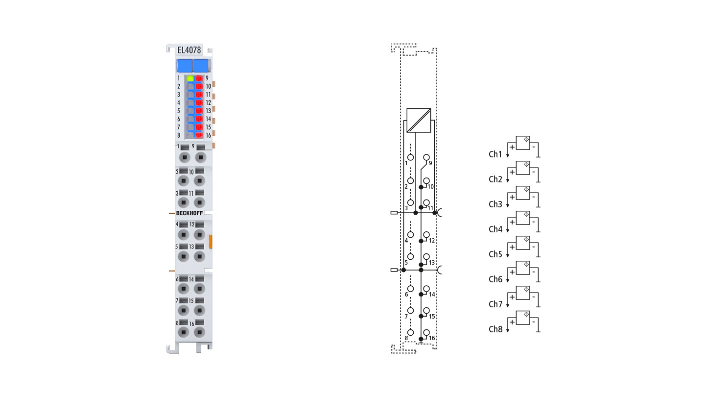 EL4078 | EtherCAT Terminal, 8-channel analog output, multi-function, ±10 V, ±20 mA, 16 bit, 2 ksps