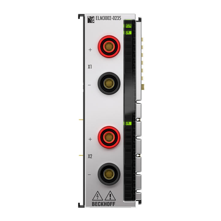 ELM3002-0235 | EtherCAT Terminal, 2-channel analog input, voltage, ±60 V…1200 V, 24 bit, 50 ksps, electrically isolated, 4 mm socket, externally calibrated