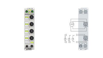 ER4374-0002 | EtherCAT Box, 2-channel analog input + 2-channel analog output, multi-function, ±10 V, 0/4…20 mA, 16 bit, differential, M12, zinc die-cast
