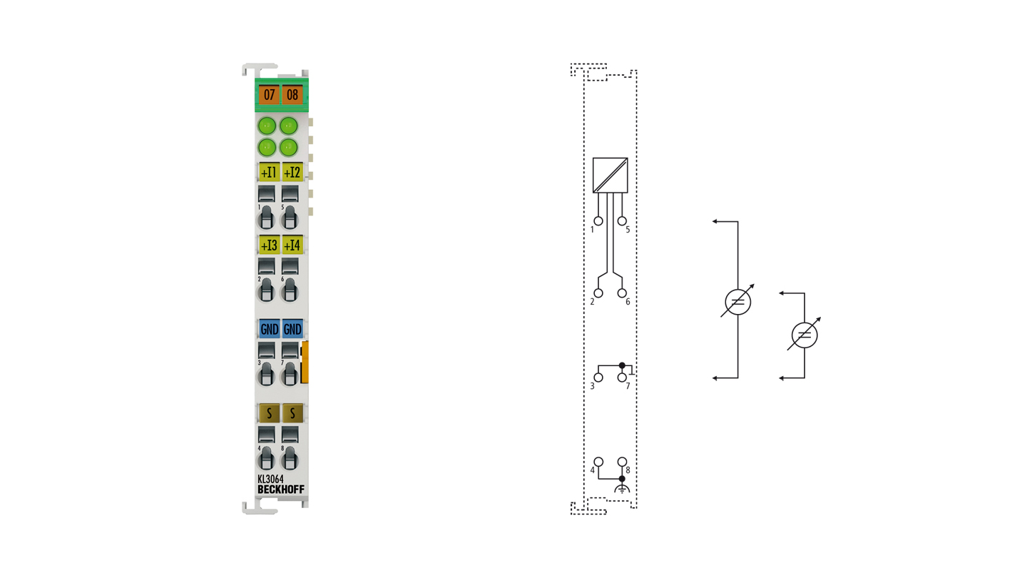 KL3064 | Bus Terminal, 4-channel analog input, voltage, 0…10 V, 12 bit, single-ended, with shield connector